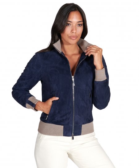 Blue suede leather bomber jacket with merino wool collar