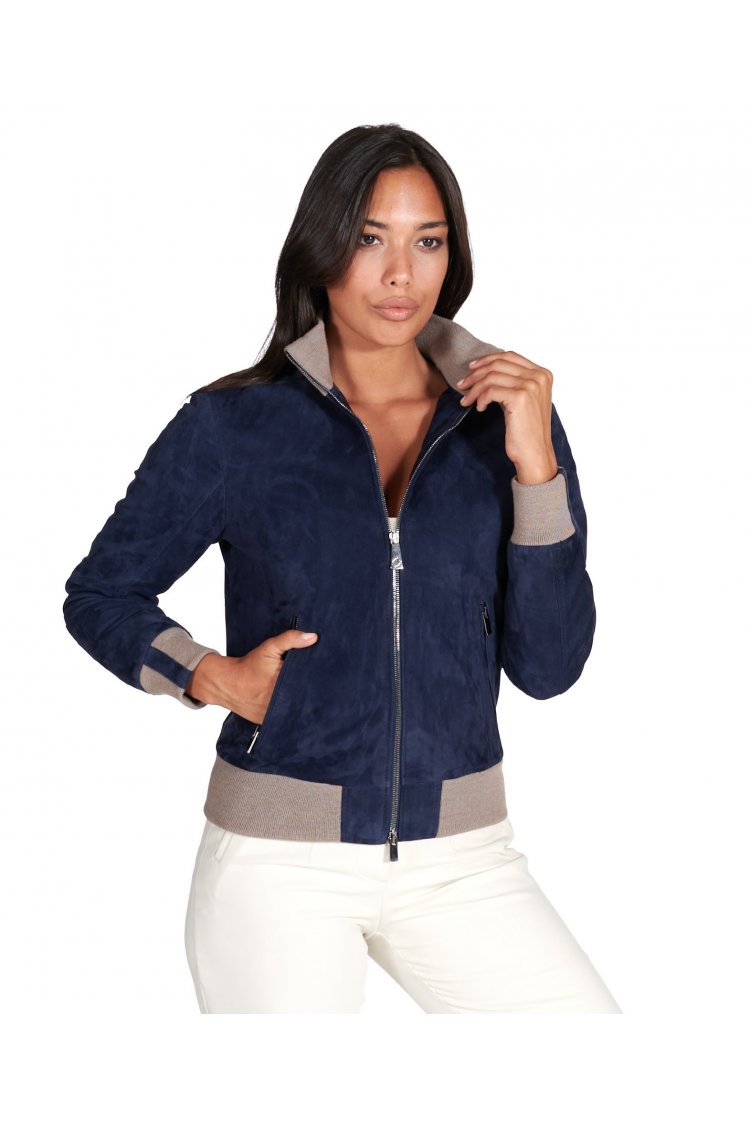 Blue suede leather bomber jacket with merino wool collar