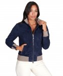 Bomber in pelle scamosciata blu collo in lana merino