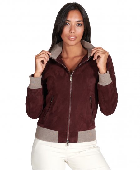 Burgundy suede leather bomber jacket with merino wool collar