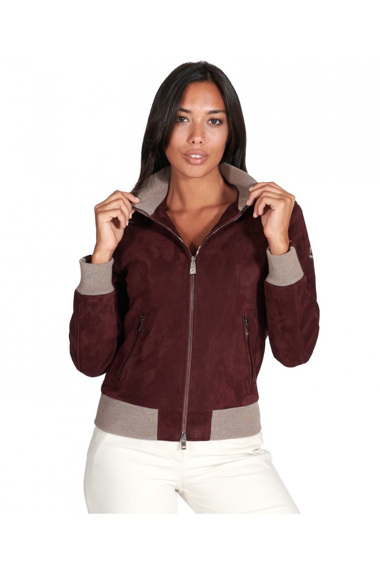 Burgundy suede leather bomber jacket with merino wool collar