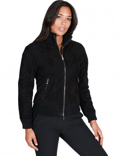 Black suede leather bomber jacket with merino wool collar