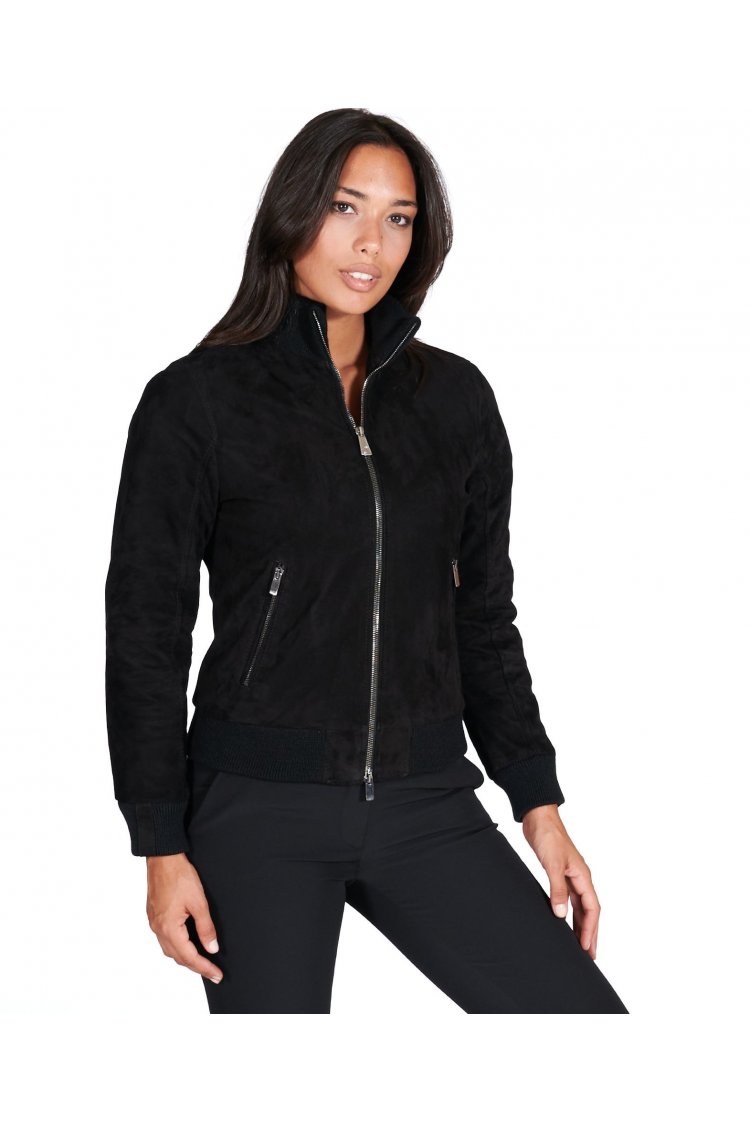 Black suede leather bomber jacket with merino wool collar