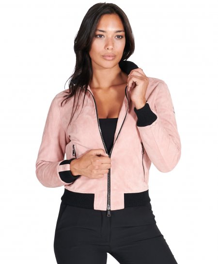 Pink suede leather bomber jacket with contrasting merino wool collar