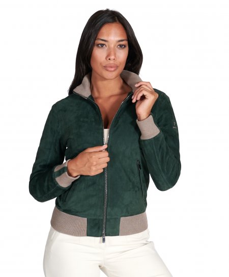 Green suede leather bomber jacket with merino wool collar