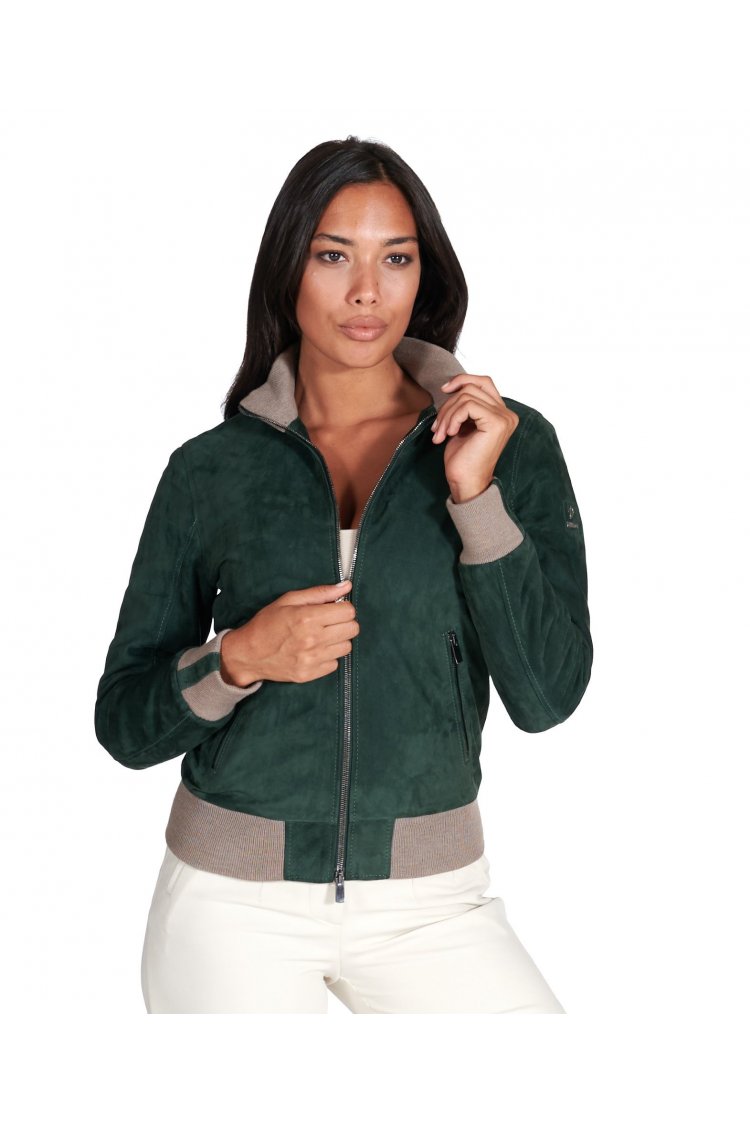 Green suede leather bomber jacket with merino wool collar