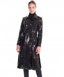 Cappotto in pelle verniciata nera stampa coccodrillo spacchi laterali