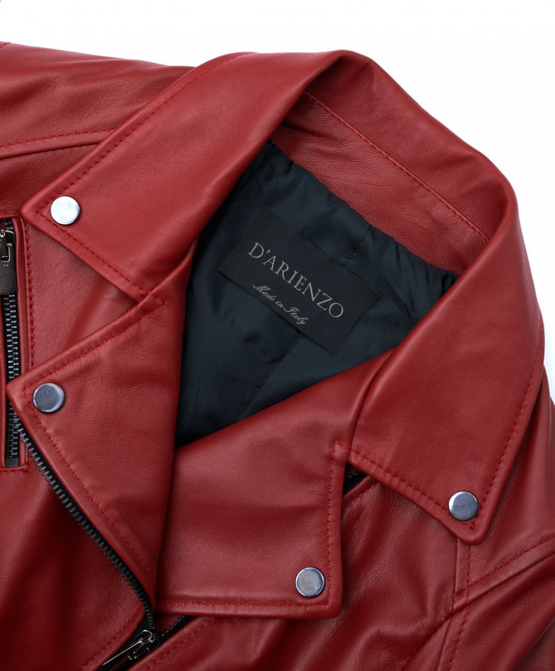 Chiodo D - Red belted nappa lamb leather biker jacket