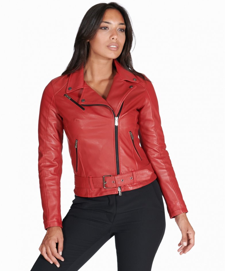 Chiodo D - Red belted nappa lamb leather biker jacket