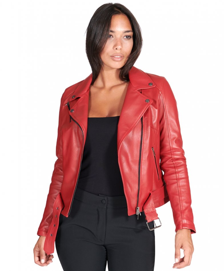 Chiodo D - Red belted nappa lamb leather biker jacket