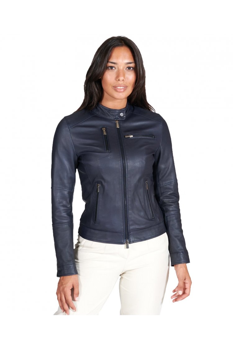 Blue natural leather biker jacket four zipper pockets