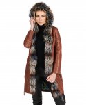 Cappotto in pelle naturale cuoio con cappuccio bordato pelliccia