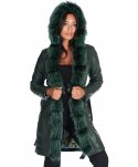 Cappotto in pelle naturale verde con cappuccio bordato pelliccia