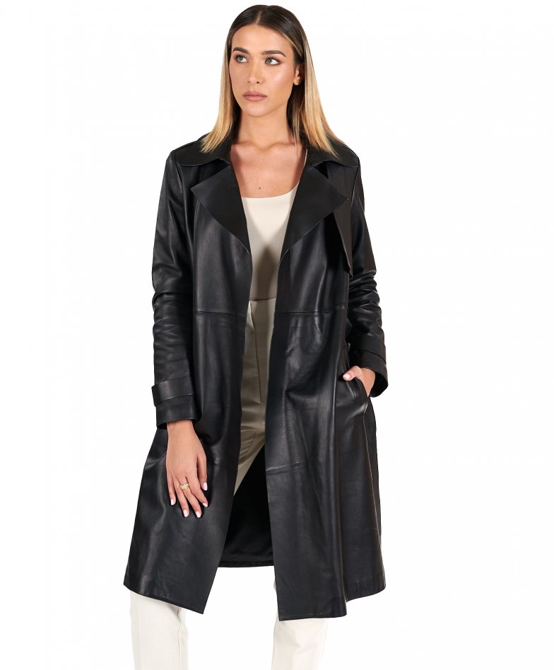 Women's Leather Coat soft leather black raw edge jacket collar Sienna ...