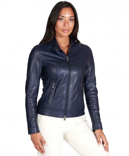 Blue natural lamb leather biker jacket smooth aspect