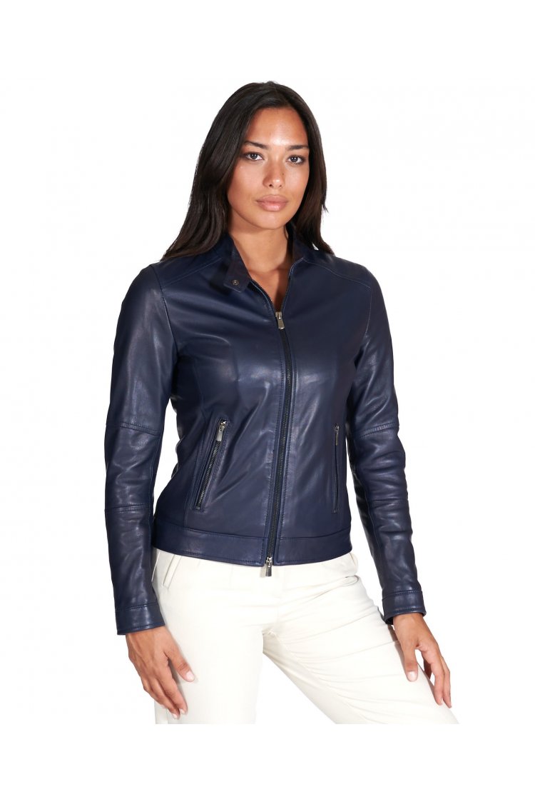 Blue natural lamb leather biker jacket smooth aspect