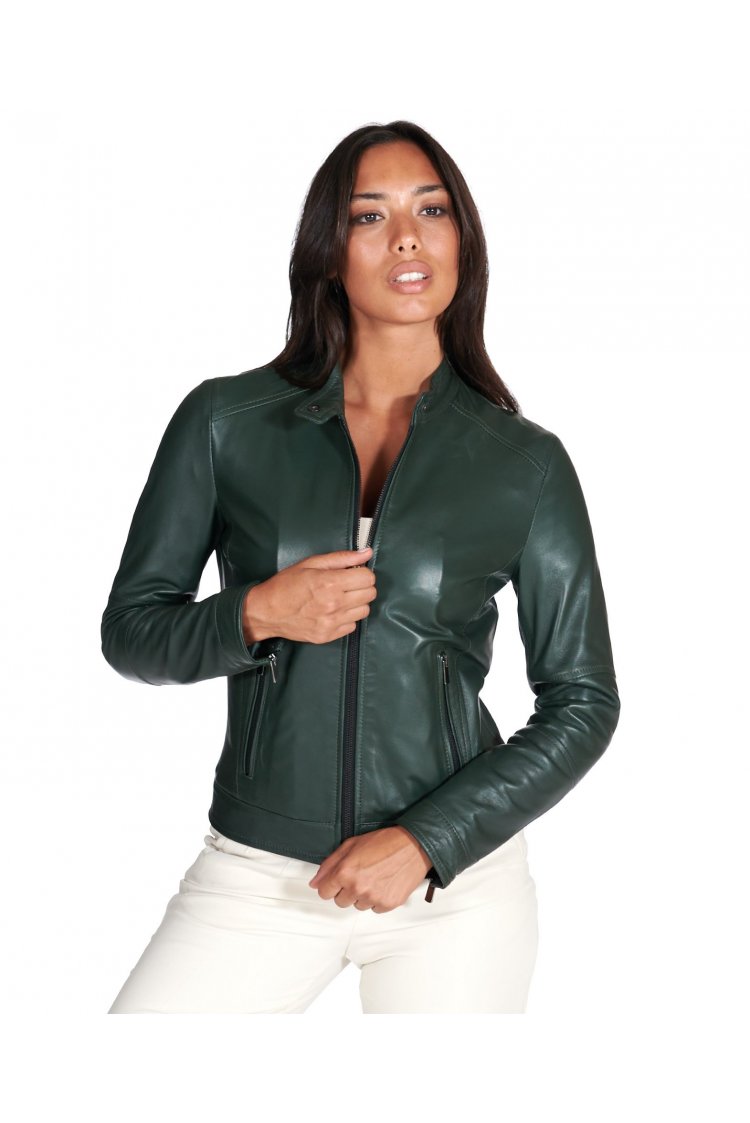 Green natural lamb leather biker jacket smooth aspect