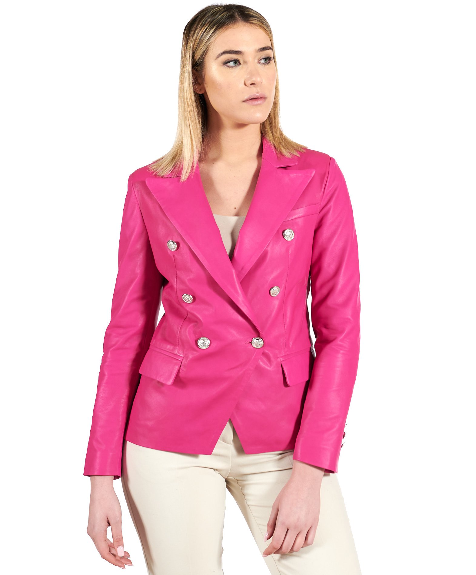 Women six-buttons coat with belt wholesale Fuchsia color