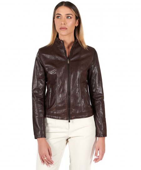 Dark brown vintage lamb leather biker jacket korean collar