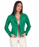 Giacca chiodo in pelle camoscio verde cerniera trasversale