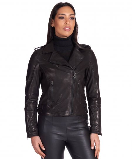 Black washed lamb leather biker jacket double functional zipper