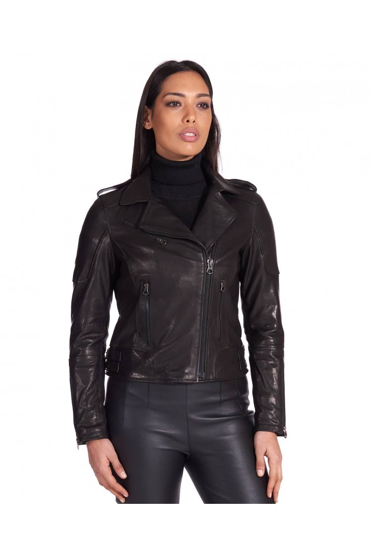 Black washed lamb leather biker jacket double functional zipper