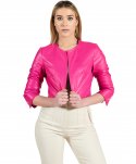 Giacca corta bolero in pelle naturale fuxia girocollo