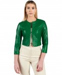 Giacca corta bolero in pelle naturale verde girocollo