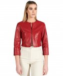 Giacca corta bolero in pelle rossa girocollo nappa effetto liscio