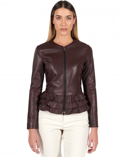 Bordeaux natural lamb leather jacket waist flounces