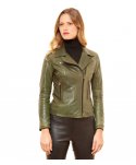 Giacca in pelle verde biker effetto vintage