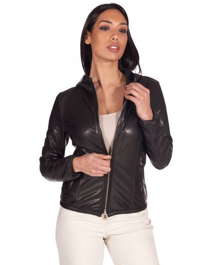 Black lamb leather hooded jacket smooth aspect