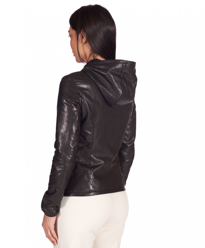 Street 27c - Black kway lamb leather hooded jacket smooth aspect
