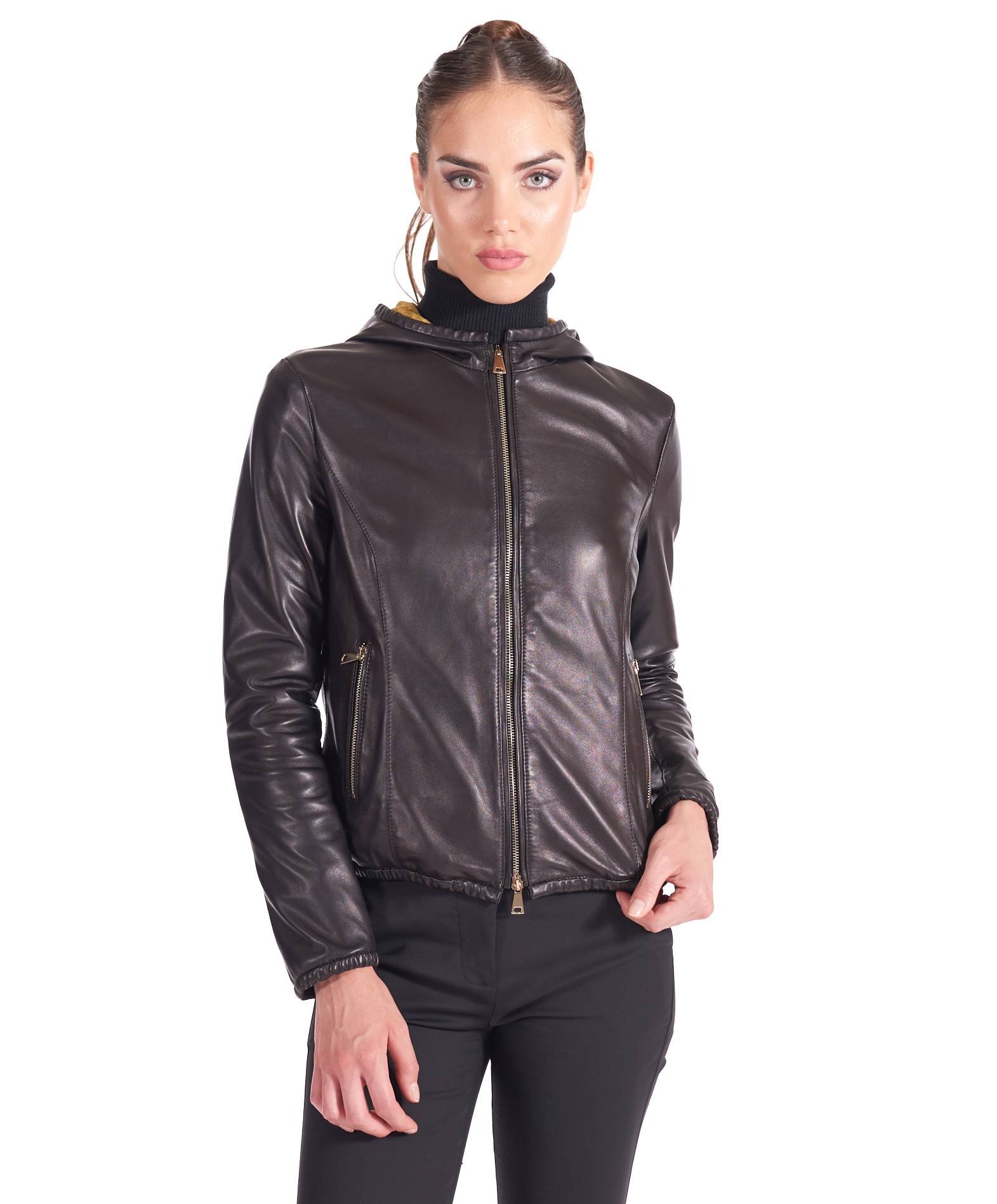 K-way Woman Hooded Leather Jacket elastic cuffs black Street27