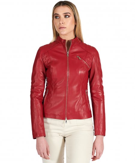 Red quilted lamb leather biker jacket with zipper pockets