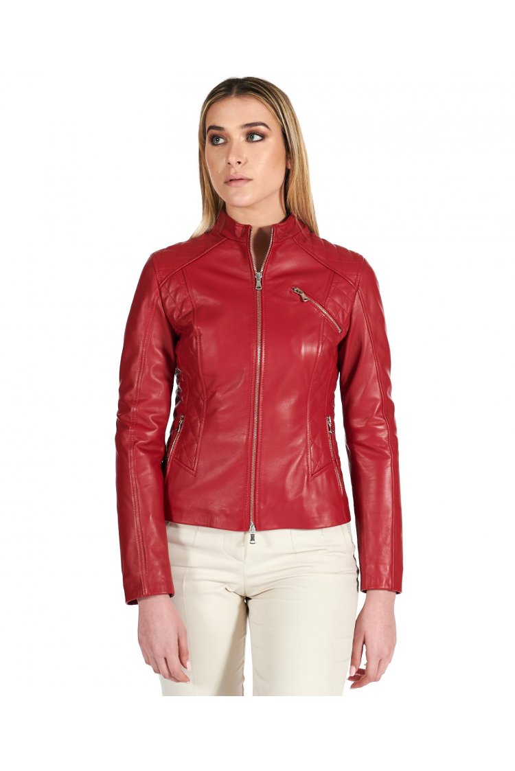 Red quilted lamb leather biker jacket with zipper pockets