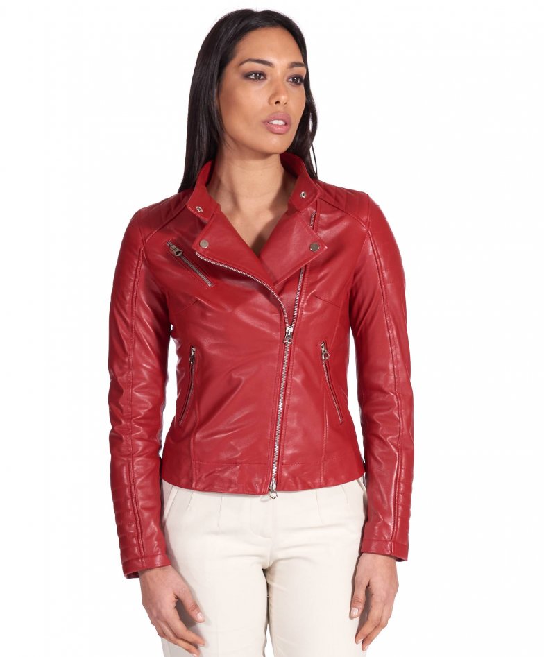 Leather biker jacket women quilted leather jacket red moto jacket Karim ...
