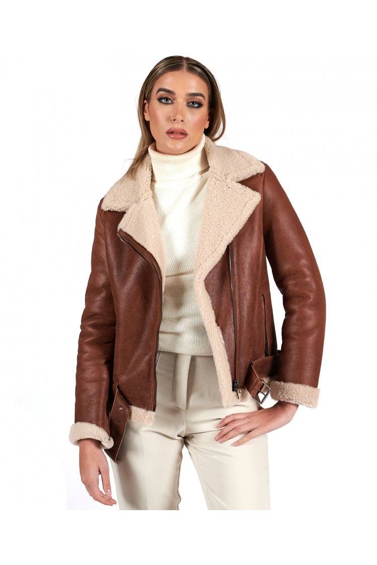 Tan shearling lamb belted biker jacket cross zipper