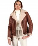 Montone shearling cuoio con cintura e cerniera trasversale
