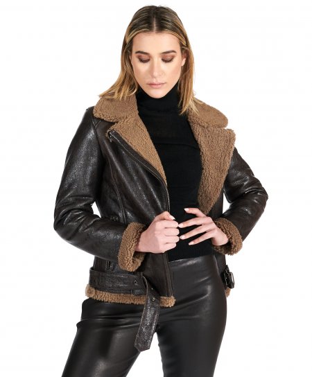 Dark brown shearling lamb belted biker jacket cross zipper