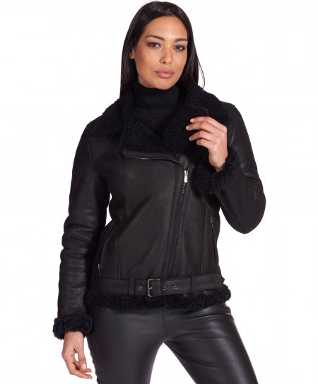 Black shearling lamb belted biker jacket cross zipper