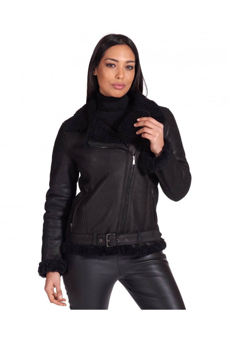 Black shearling lamb belted biker jacket cross zipper