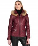 Parka in pelle bordeaux cappuccio in pelliccia effetto vintage