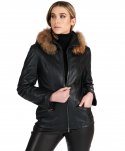 Parka in pelle nera con cappuccio in pelliccia effetto liscio