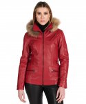 Parka in pelle rossa con cappuccio in pelliccia effetto liscio