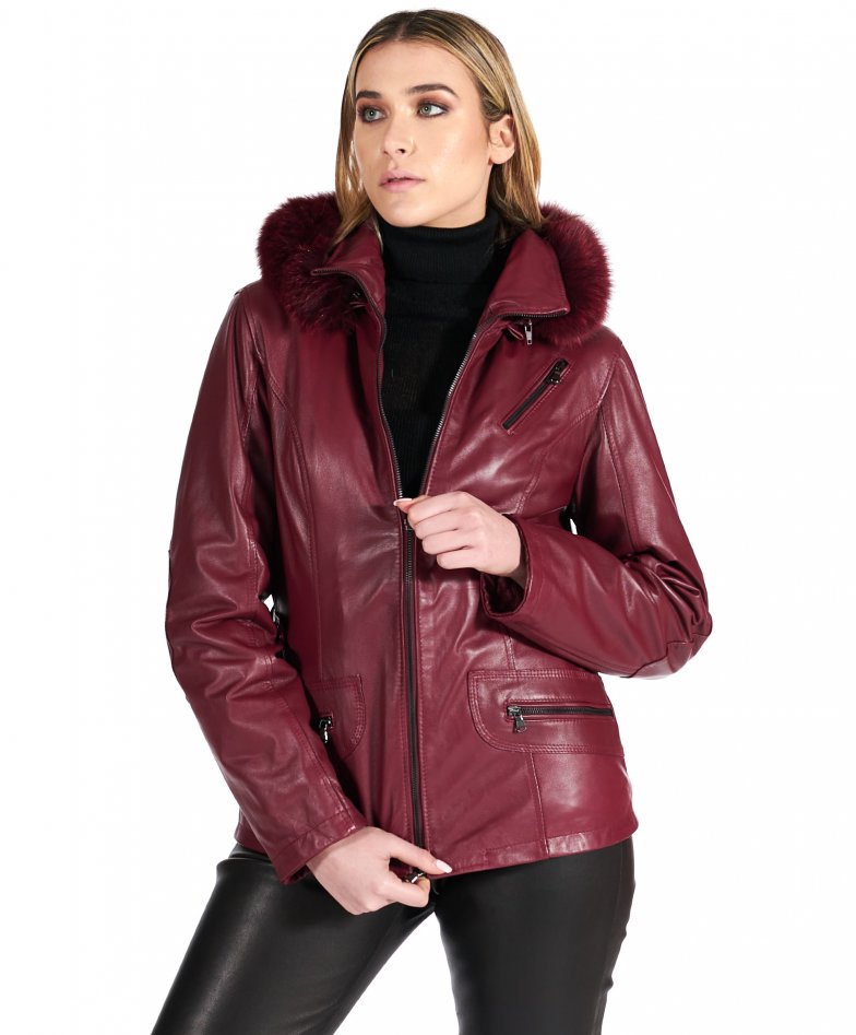 627 - Bordeaux fur hooded leather jacket parka style