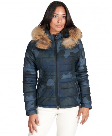 Military blue hooded nappa lamb leather down jacket