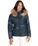 Piumino in pelle mimetica blu con cappuccio pelliccia effetto liscio