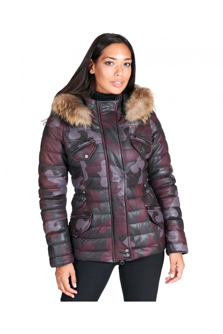 Military bordeaux hooded nappa lamb leather jacket parka style