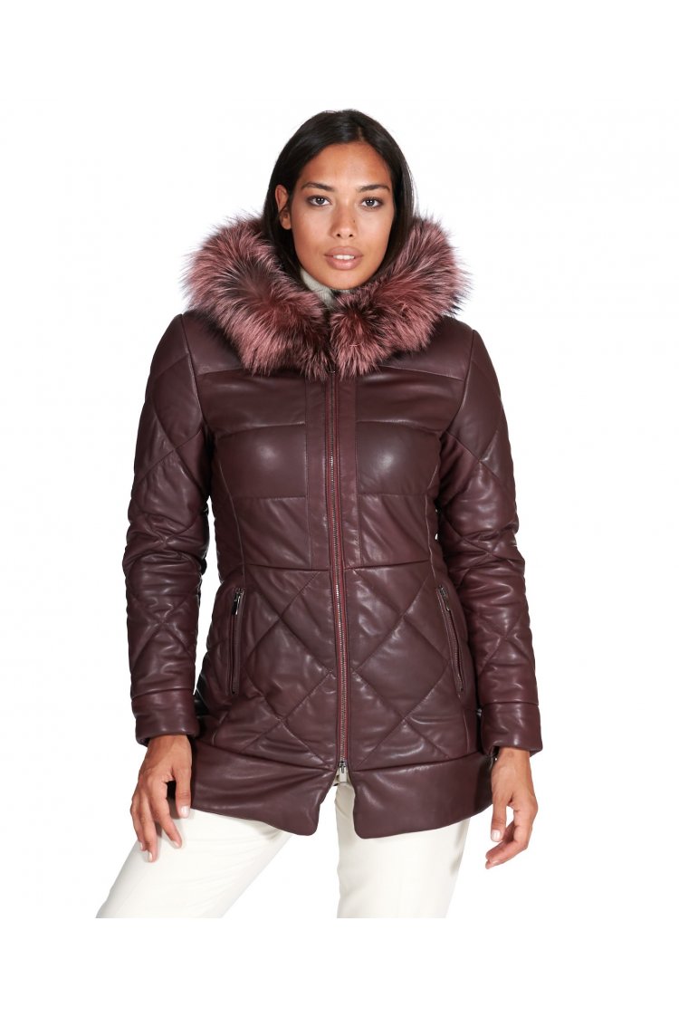 Bordeaux hooded natural leather down coat fur edged hood